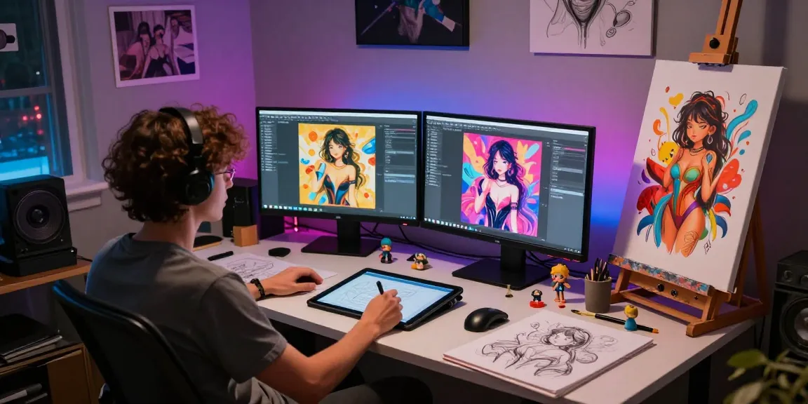 Creative artist using an NSFW AI generator in a cozy studio, surrounded by vibrant images and art supplies.