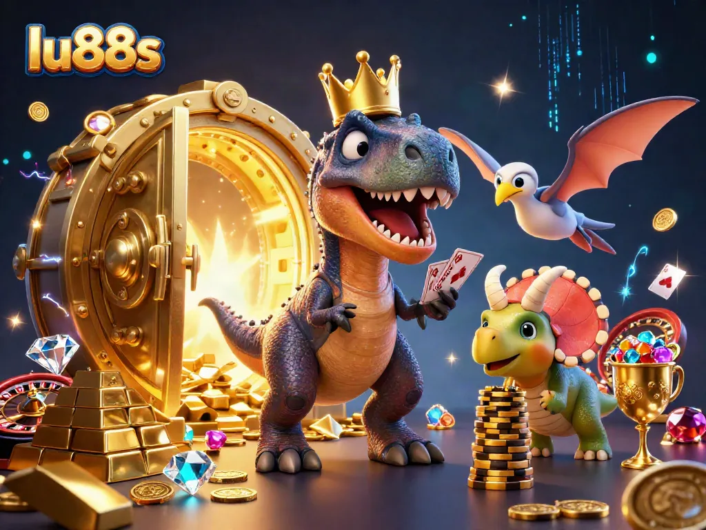Engage with lu88s in a vibrant casino scene featuring cartoon dinosaurs playing cards and stacking gold chips.