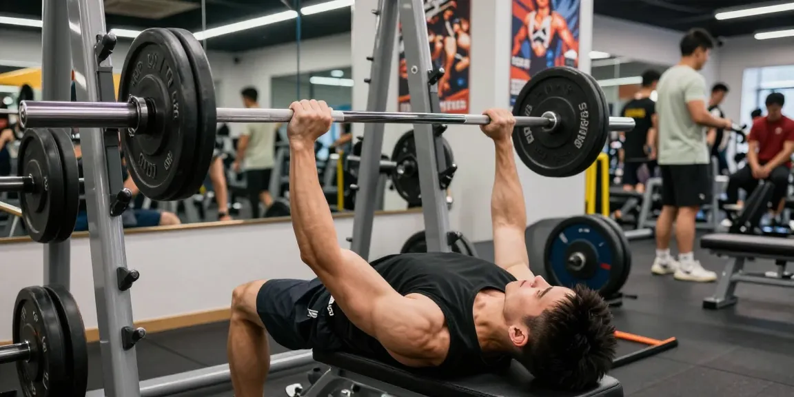 Anabolika Shop - Kraftsportler beim Bankdrücken im modernen Fitnessstudio mit klarer Muskeldefinition, umgeben von Gewichten und motivierenden Postern.
