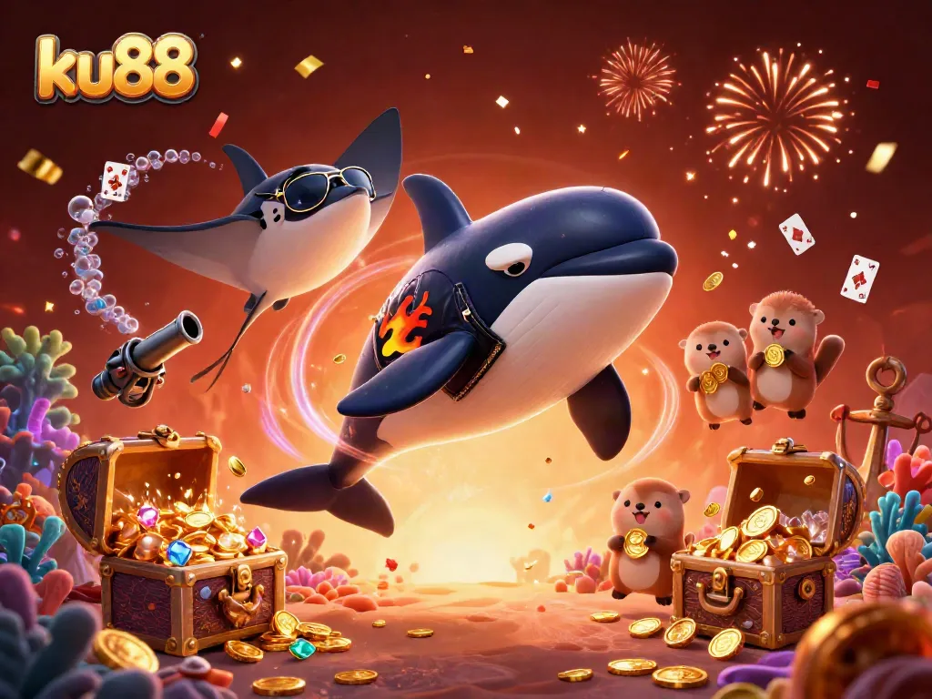 Engage in thrilling experiences with ku88 as orca bikers and otters celebrate with golden coins, showcasing vibrant gambling fun.