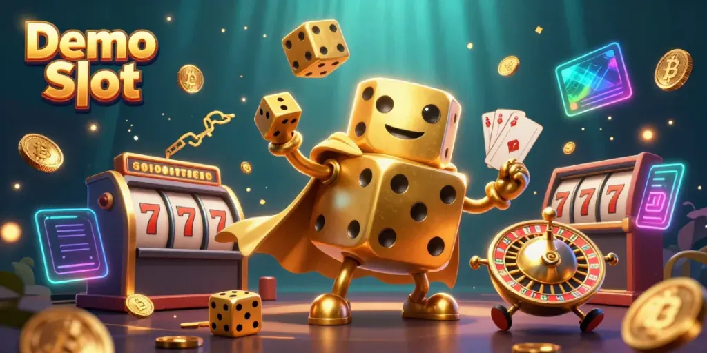 Experience the thrill of Demo Slot with a magical golden dice golem and vibrant slot elements.