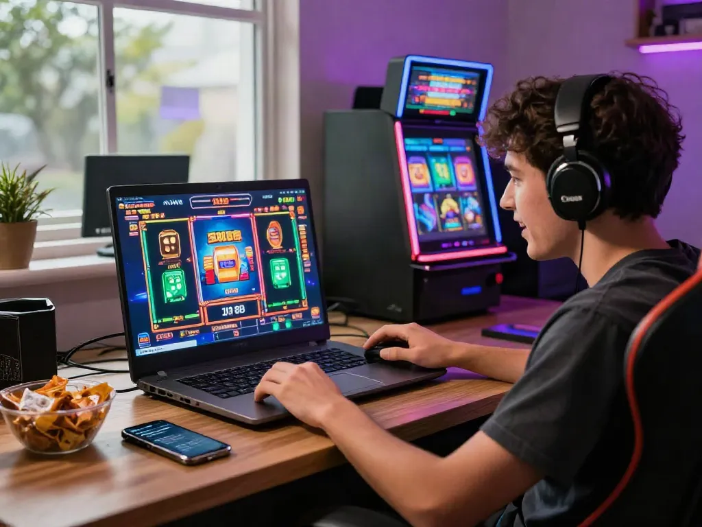 Excited gamer playing slot88 on a laptop amidst colorful virtual slot machines.