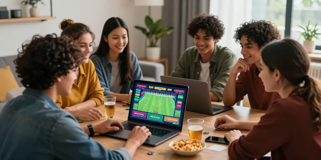Engaging online gaming session at home with friends enjoying man88 sports betting.