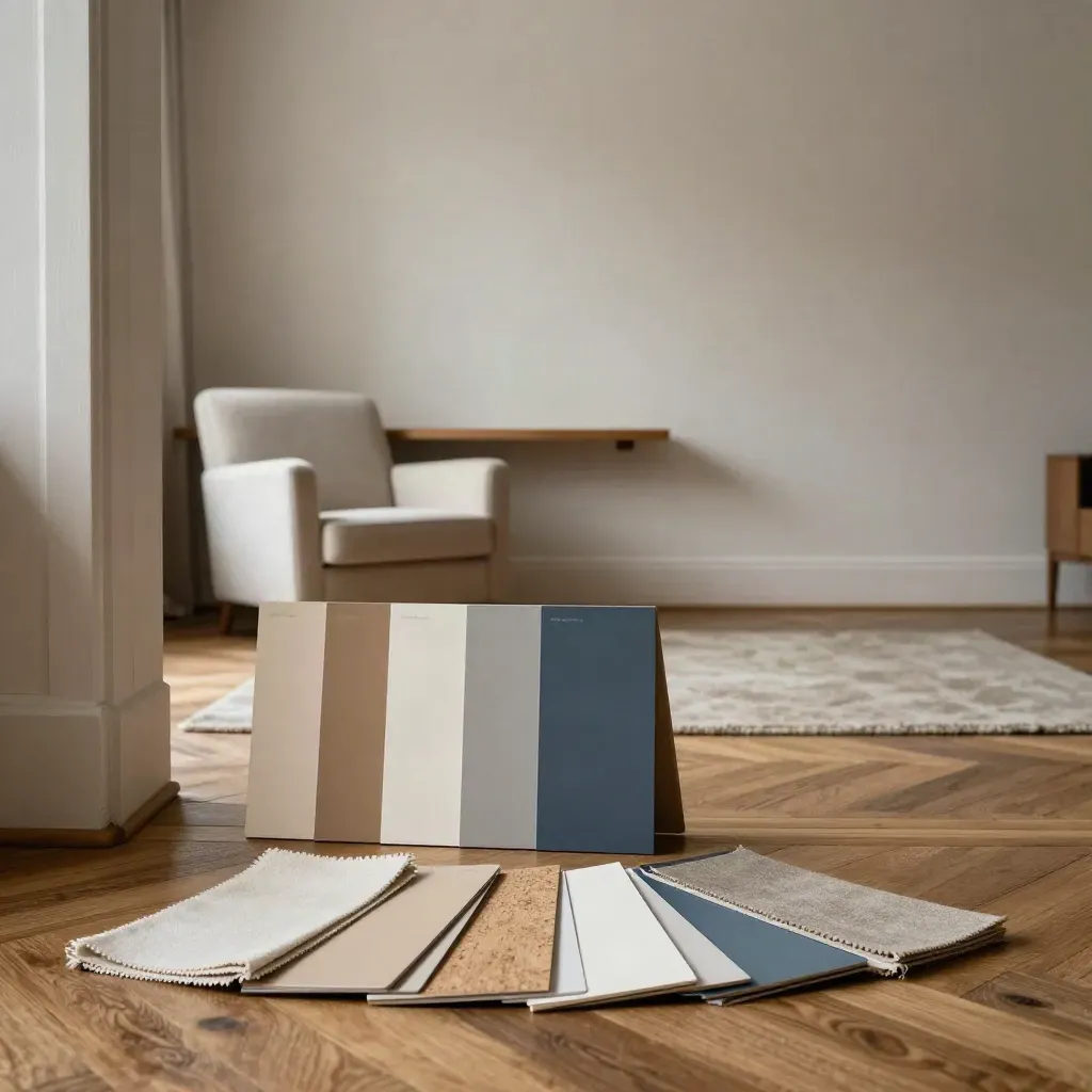 Altbau-Wohnraum mit Farbkarten, Stoffproben und hellem Sessel im Tageslicht
