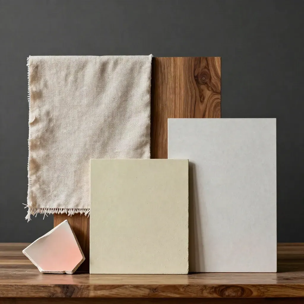 Draufsicht auf Moodboard mit Leinen, Holz, Kalkputz und Keramik auf einer Arbeitsfläche.