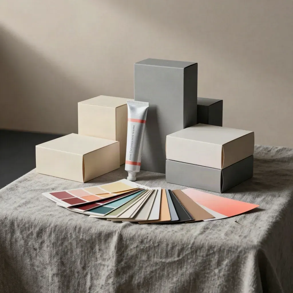 Markenboxen, Posterrolle und Farbproben in neutraler Studiolandschaft