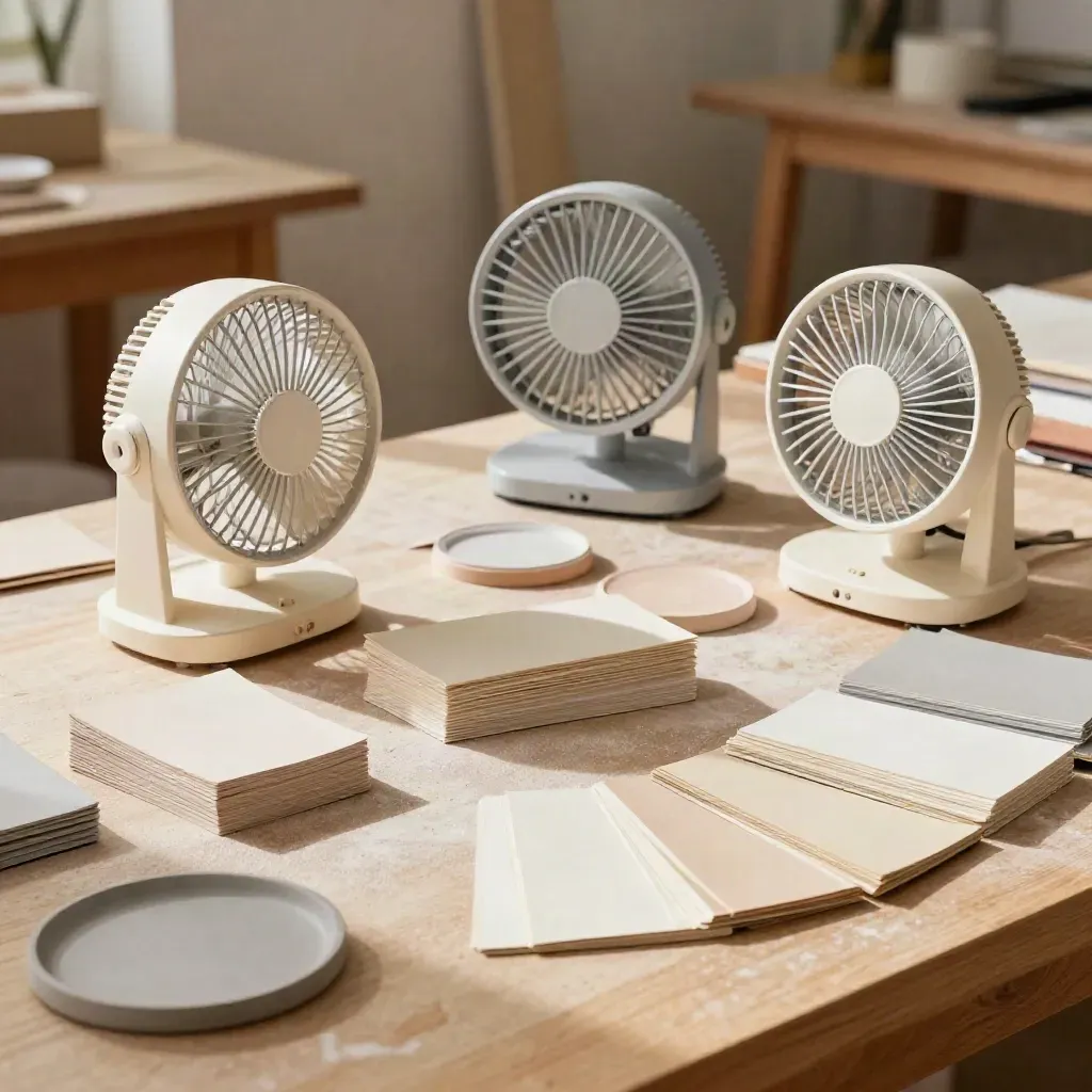Workshop-Tisch mit Farbfächern, Materialproben und Musterkarten im hellen Atelierlicht.