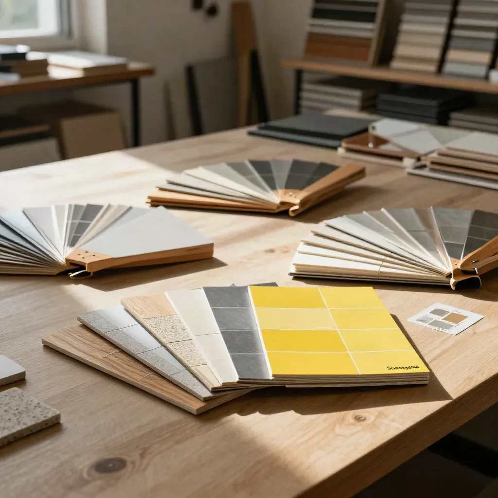 Workshopraum mit drei Farbfächern und Materialproben auf dem Tisch