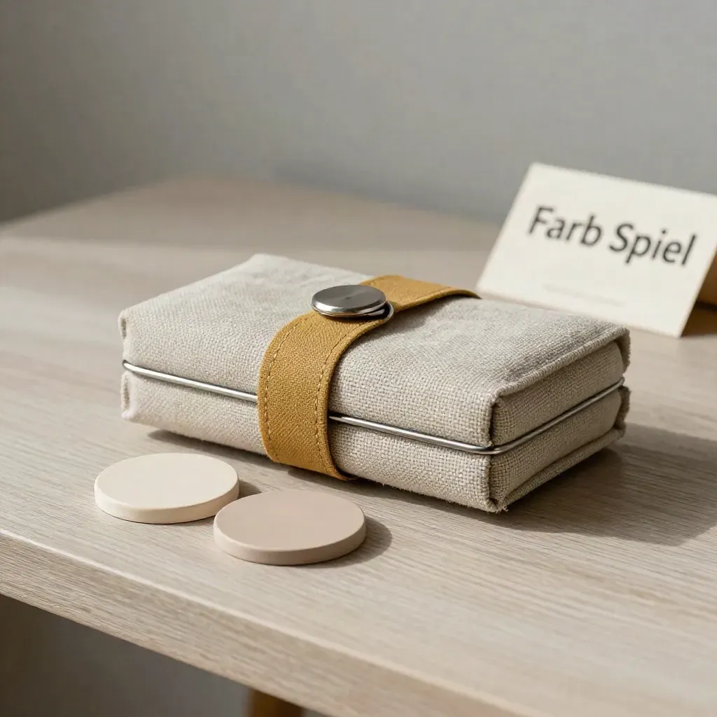 Geschlossener Leinen-Musterkoffer mit Keramikchips auf hellem Holz, warm und ruhig.