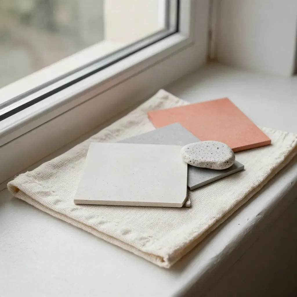 Farbchips, Stoffquadrat und Steinprobe auf heller Fensterbank im Seitenlicht.