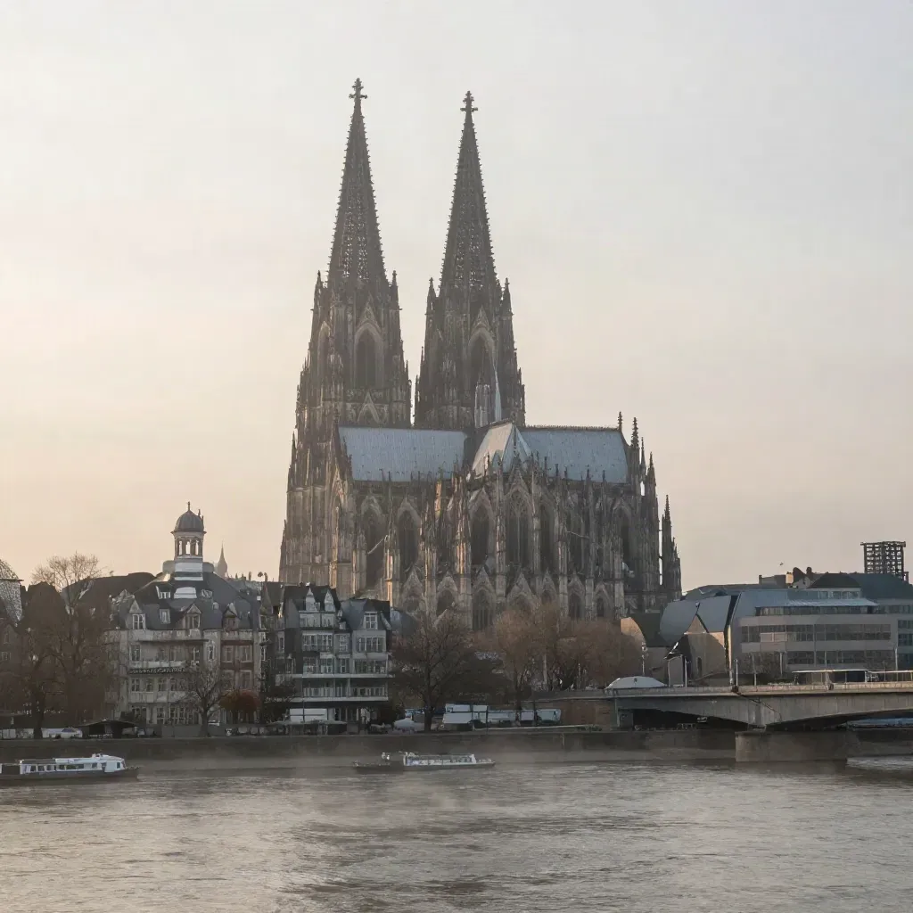 Kölner Dom über dem Rhein im Morgennebel, Brücke und Ufer hoch im Bild.