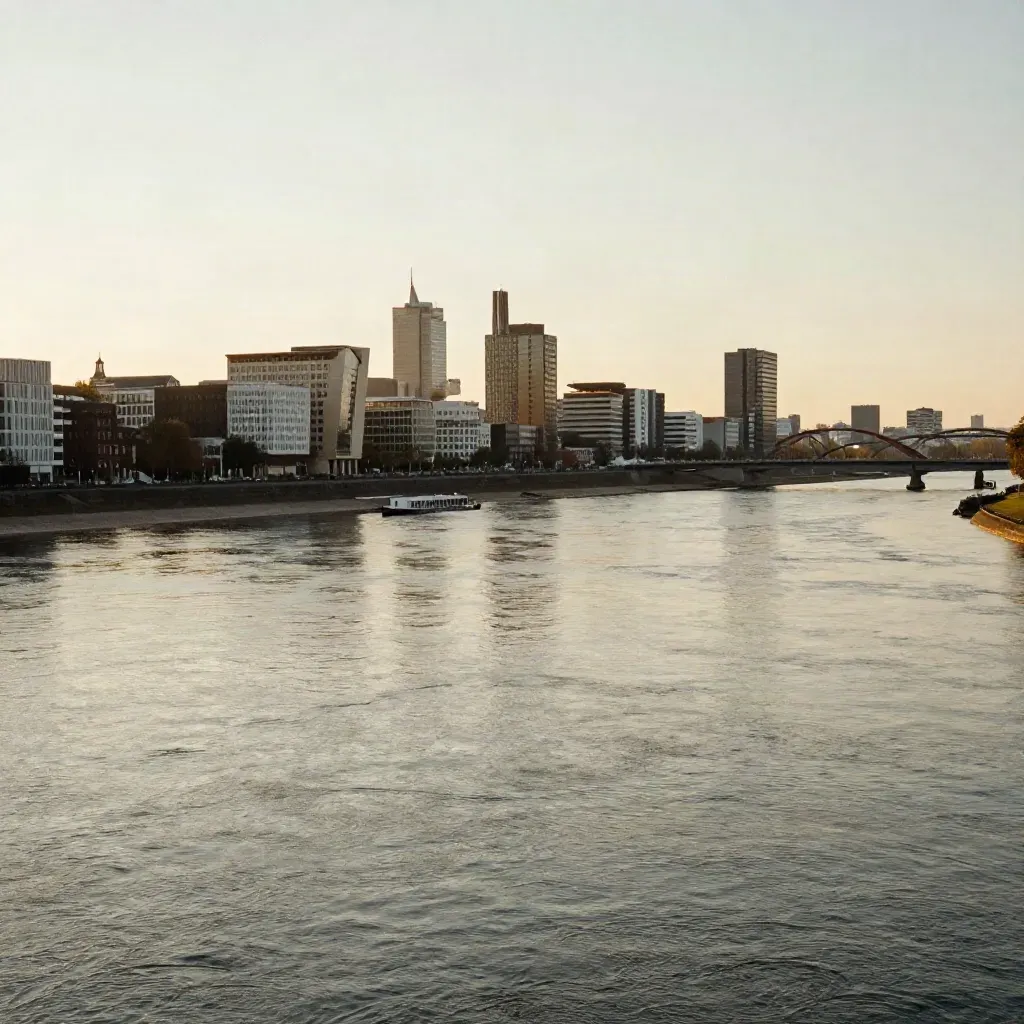 Medienhafen Düsseldorf und Rheinfront im warmen Abendlicht über ruhigem Wasser.