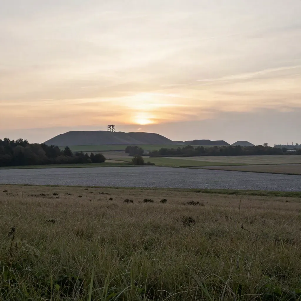 Ruhrgebiet-Süd mit Halde, Stahlgitter und grüner Vorlandschaft im warmen Abendlicht