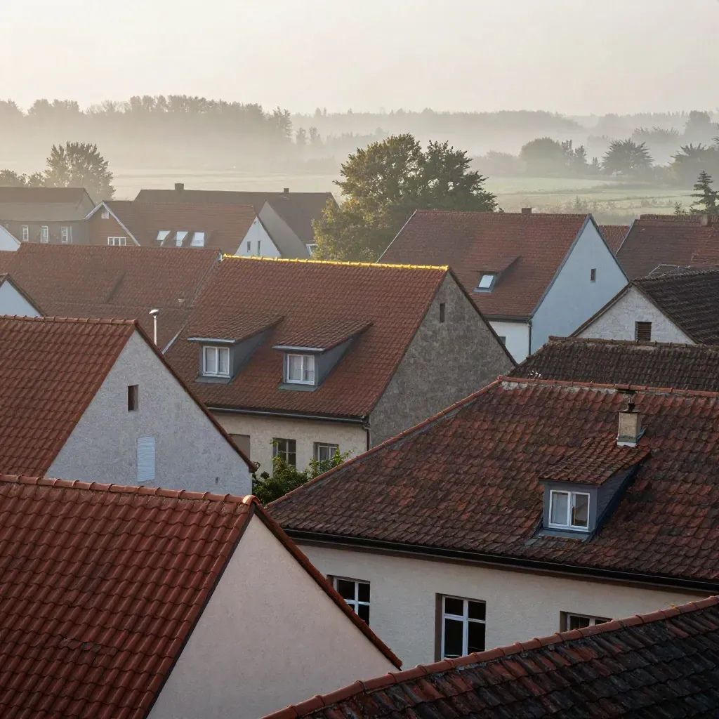 Ruhige deutsche Dächer im Morgennebel, Ziegel und helle Fassaden von oben.