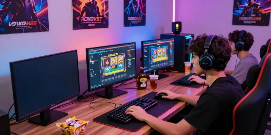 Engaging player focused on ROKOK88 super online gaming experience amidst vibrant accessories.