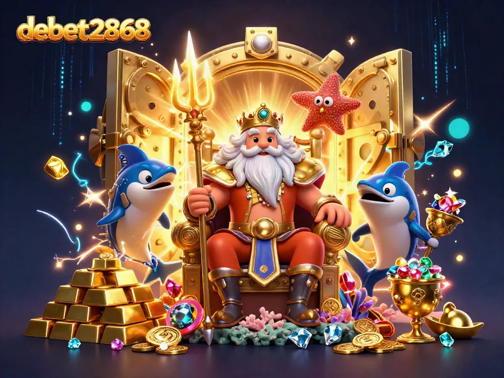 Experience the thrill of debet2868 with a dynamic scene of Neptune surrounded by treasures, embodying casino excitement.