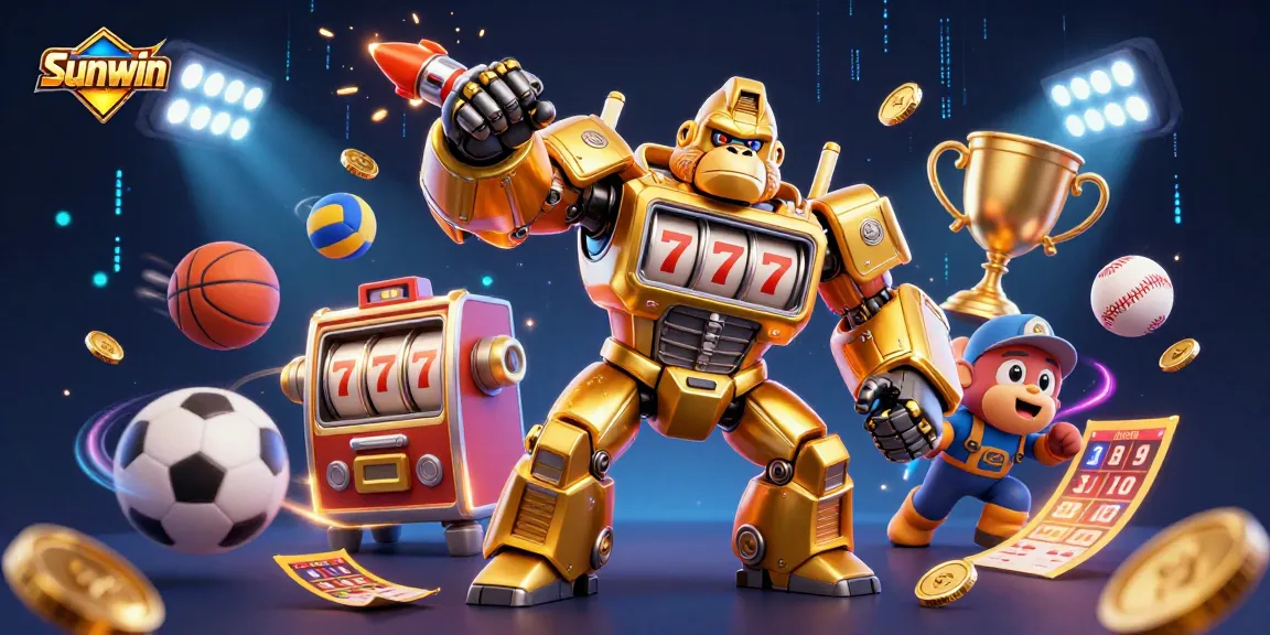 Sunwin offers explosive action with a golden gorilla mech celebrating slot machine winnings in a vibrant casino.