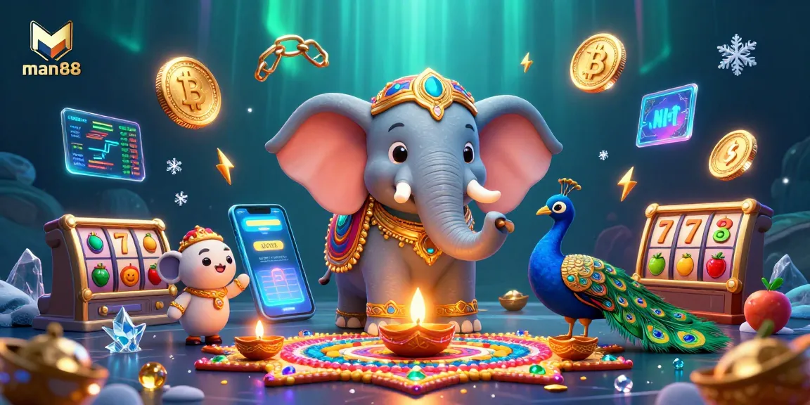 Engage with man88's vibrant casino scene featuring an ornate elephant, casino elements, and cryptocurrency themes.