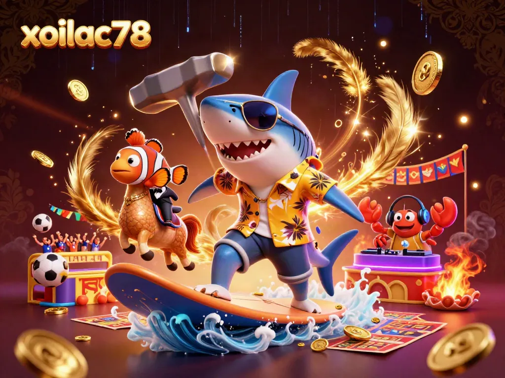 Xoilac78 brings the excitement of sports betting with vivid 3D characters surfing on gold amid dynamic gameplay elements.