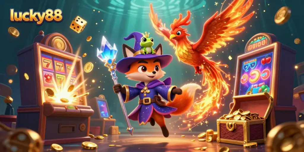 Experience thrilling wins with lucky88 amidst a magical casino adventure featuring a wizard fox, phoenix, and rich gaming elements.
