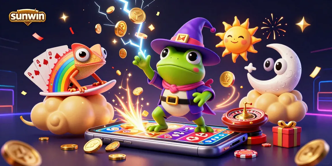 sunwin casino illustration showing a wizard frog and chameleon surrounded by games and gold, set in a vibrant casino
