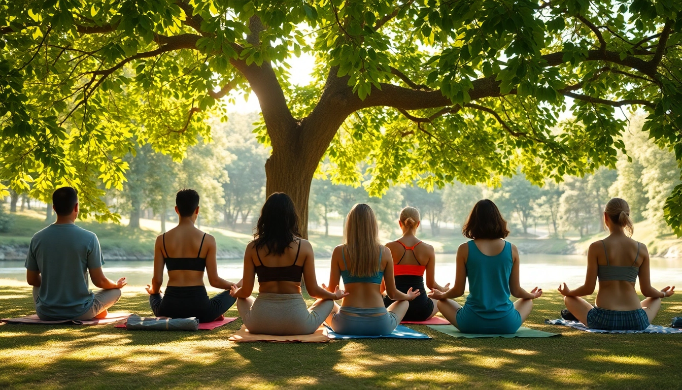 Explore emotional wellbeing through a diverse group meditating peacefully in nature.