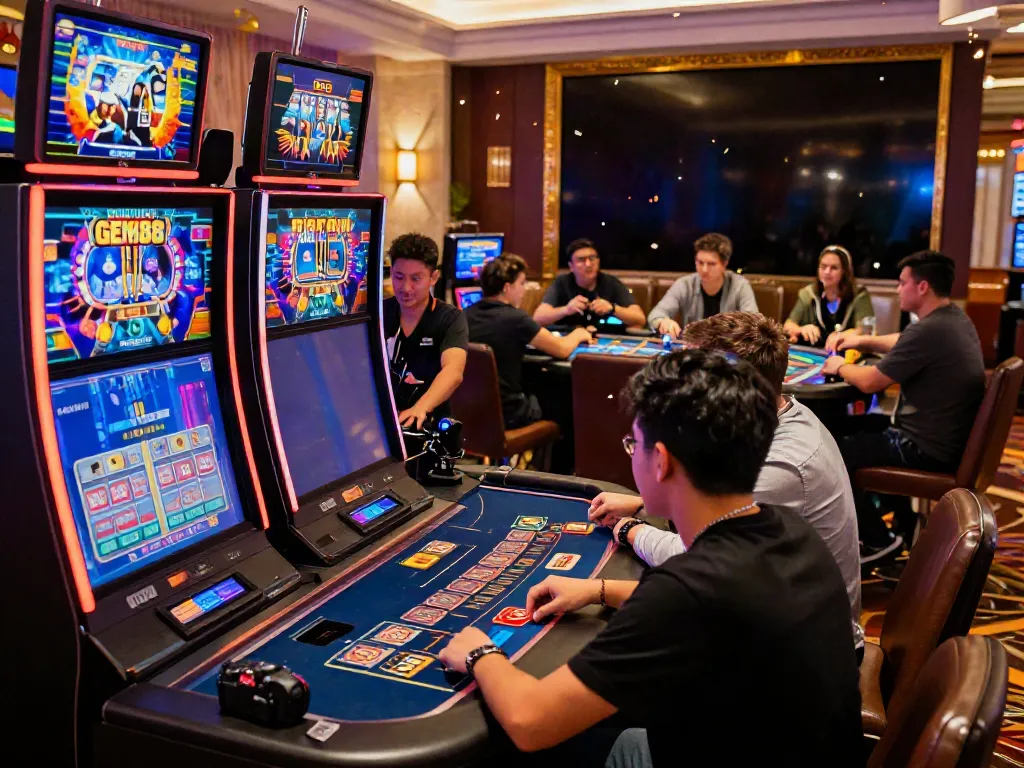 Dynamic gaming scene at https://gem88.bz/ with players enjoying online slots and live dealer tables.