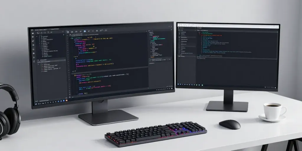 Source code review in a modern developer workspace, highlighting software development security.