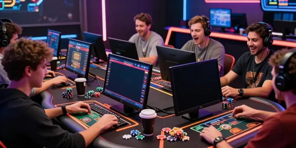 Engaging players immersed in the thrill of Alternatif Bola88 online betting, showcasing vibrant games and an exciting atmosphere.