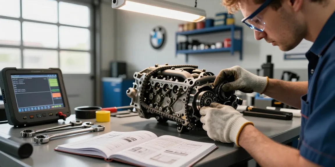 Fachmechaniker führt den BMW Steuerkette Wechseln in einer professionellen Autowerkstatt durch.