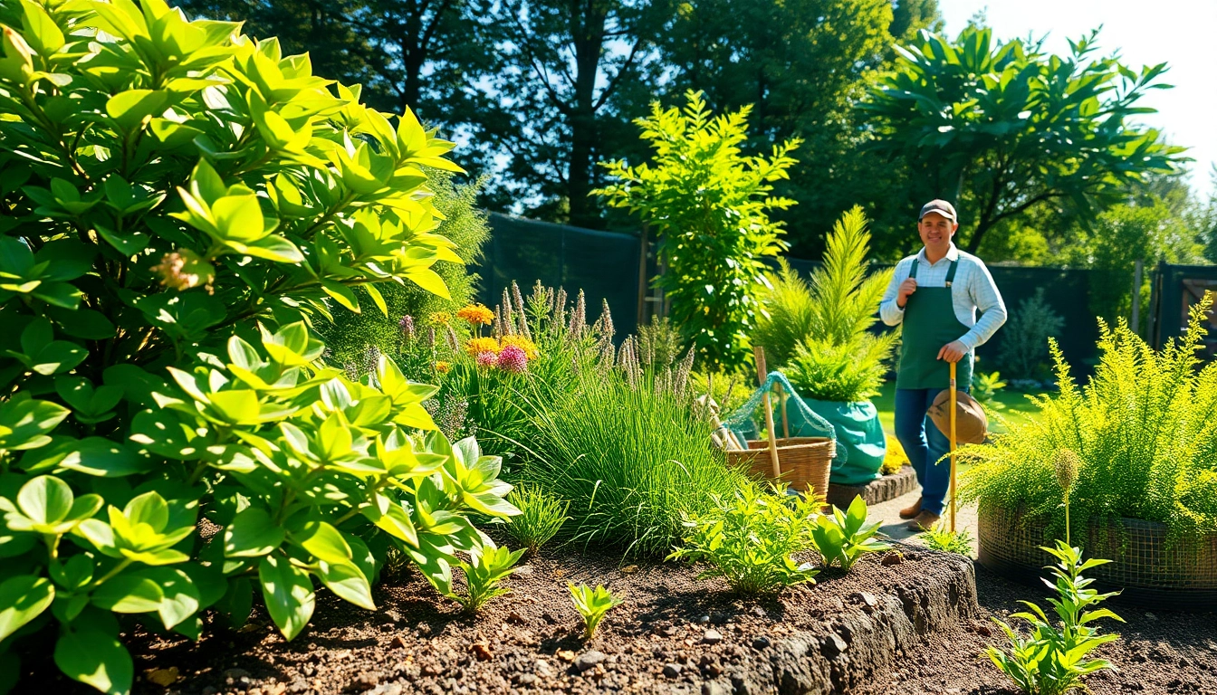 Gartenbaubetrieb arbeitet in einem blühenden Garten mit verschiedenen Pflanzen und örtlichen Gartengeräten.