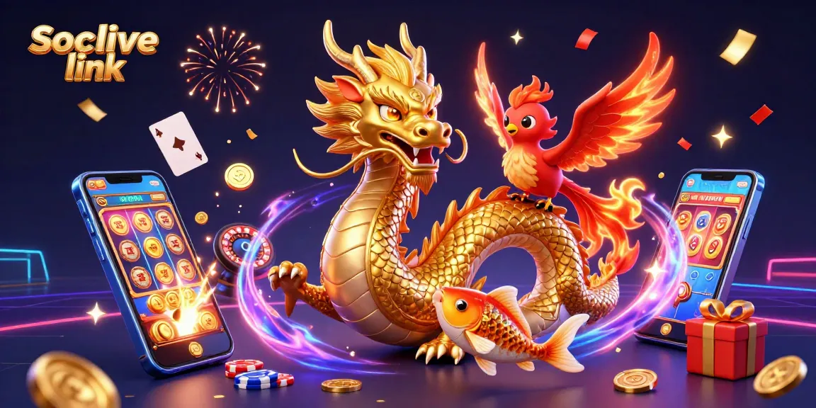 Win big with Socolive link as you enjoy high-quality casino games amidst a stunning dragon and phoenix scene.