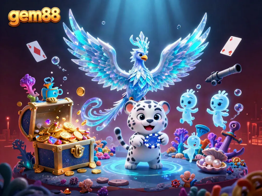 Experience gem88's vibrant casino world with a lively ice phoenix and enchanting casino-themed sprites.