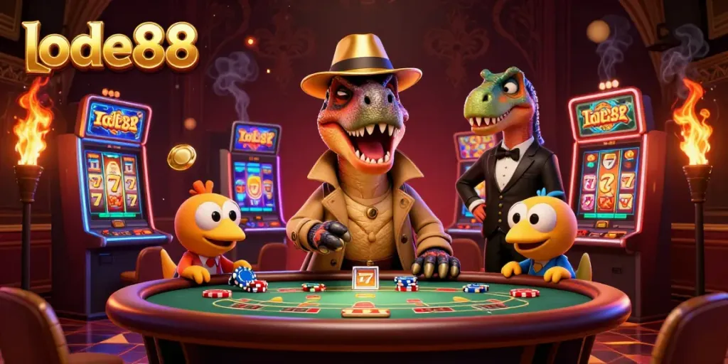 Experience high-stakes gaming at lode88 with a velociraptor counter and vibrant slot machines.