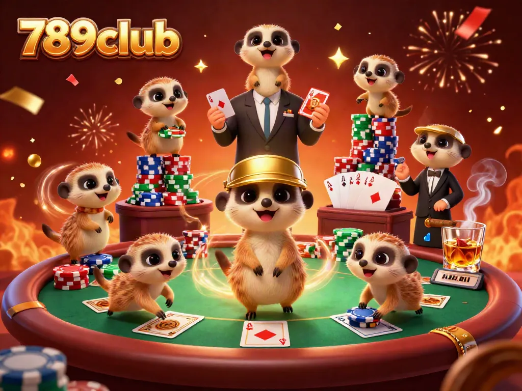 Engage in thrilling gameplay at 789club with a vibrant casino illustration featuring meerkats and poker.