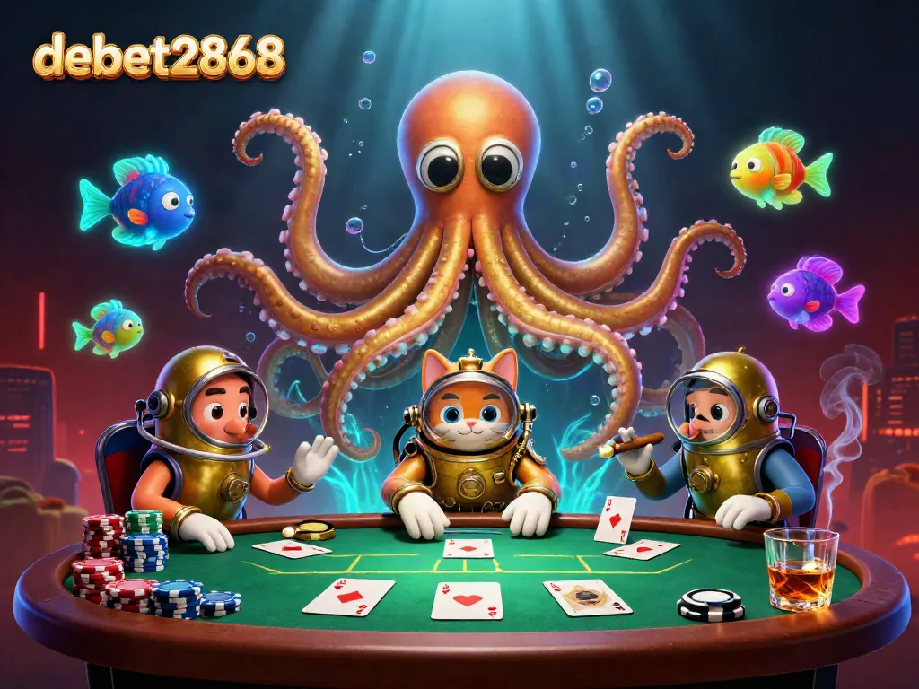 Experience thrilling gaming adventures at debet2868 with a cartoon kraken, diving cat, poker chips, and glowing fish.