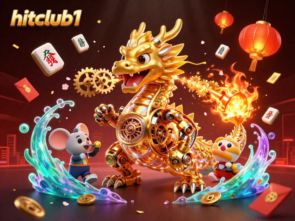 Experience the dynamic gaming scene at hitclub1 with a golden dragon and vibrant casino elements.