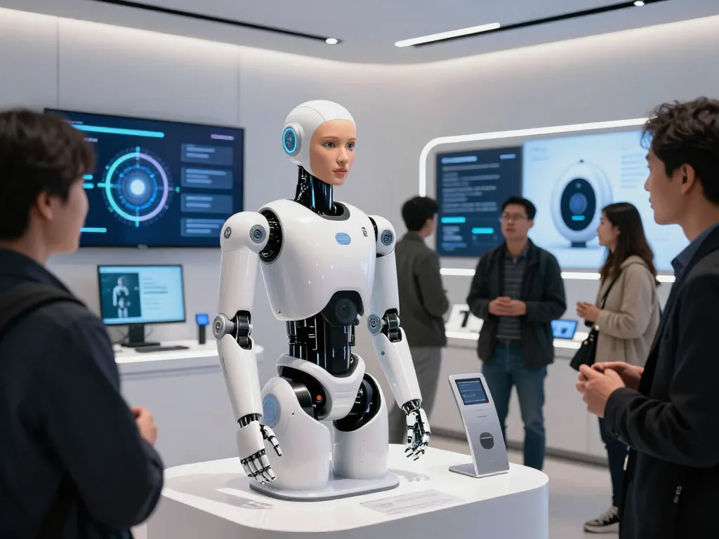 The innovative sex bot demonstrating lifelike interactions and AI features in a futuristic tech showroom.