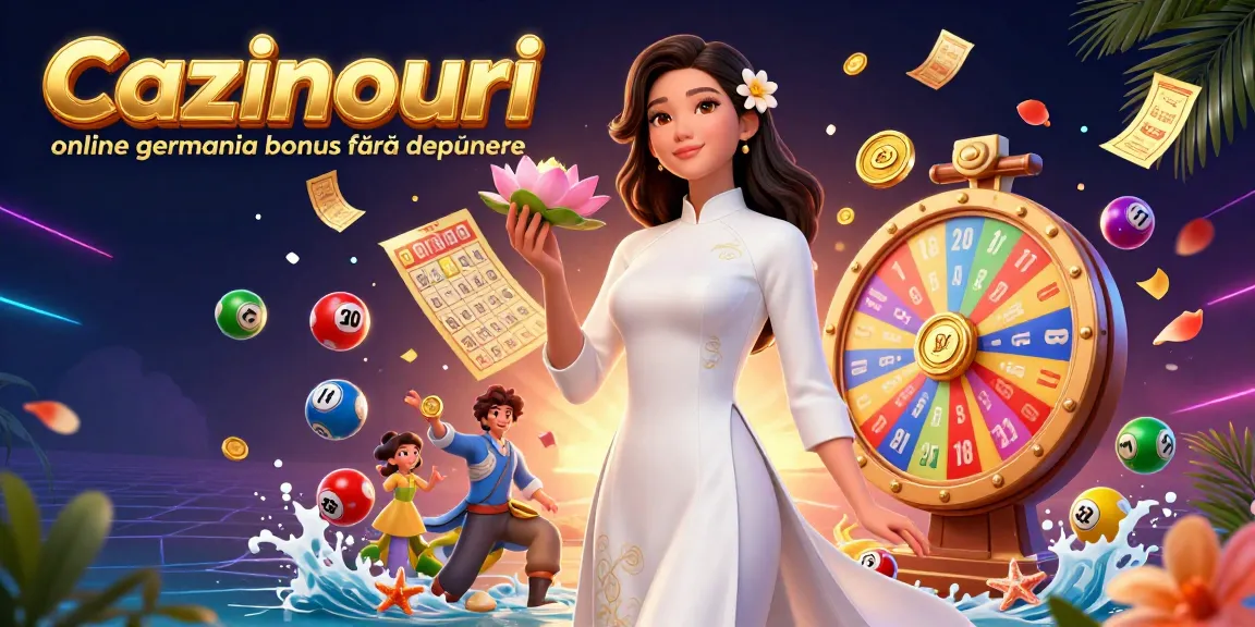 Cazinouri online germania bonus fără depunere featuring vibrant gambling elements like lottery balls and a prize wheel in a dazzling 3D composition.