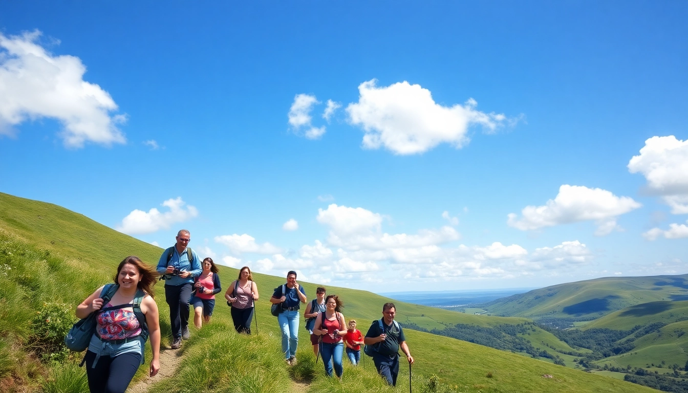 Wandern Irland Urlaub im Grünen mit fröhlichen Wanderern auf dem Weg.