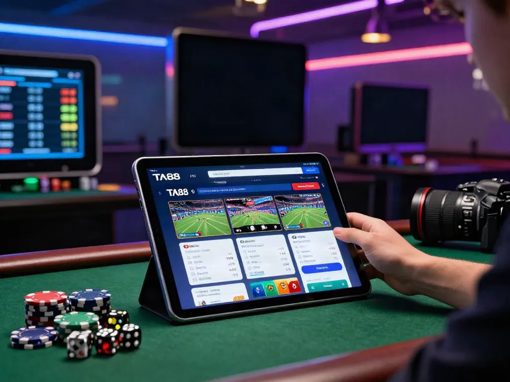 Engaging user on TA88 sports betting platform with dynamic casino ambiance.