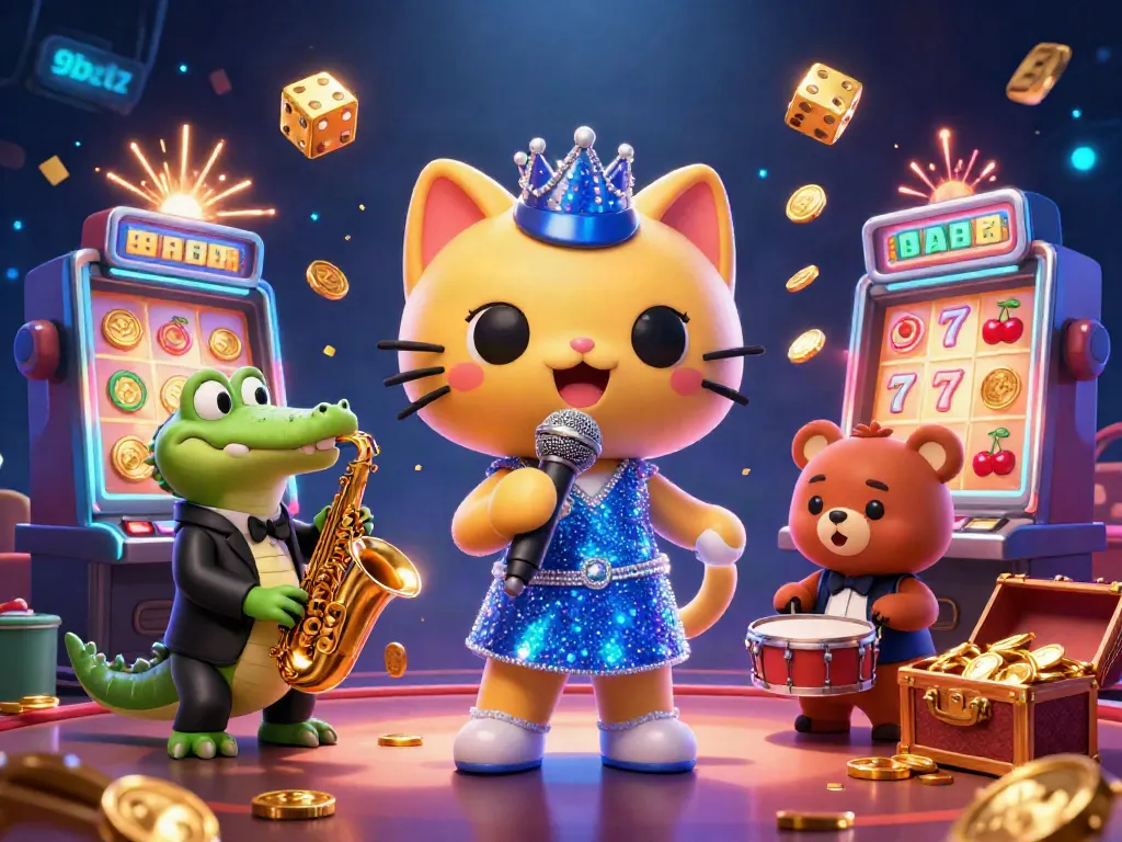 Experience thrilling entertainment at 9betz with a vibrant casino scene showcasing a jazz-singer cat and friends.