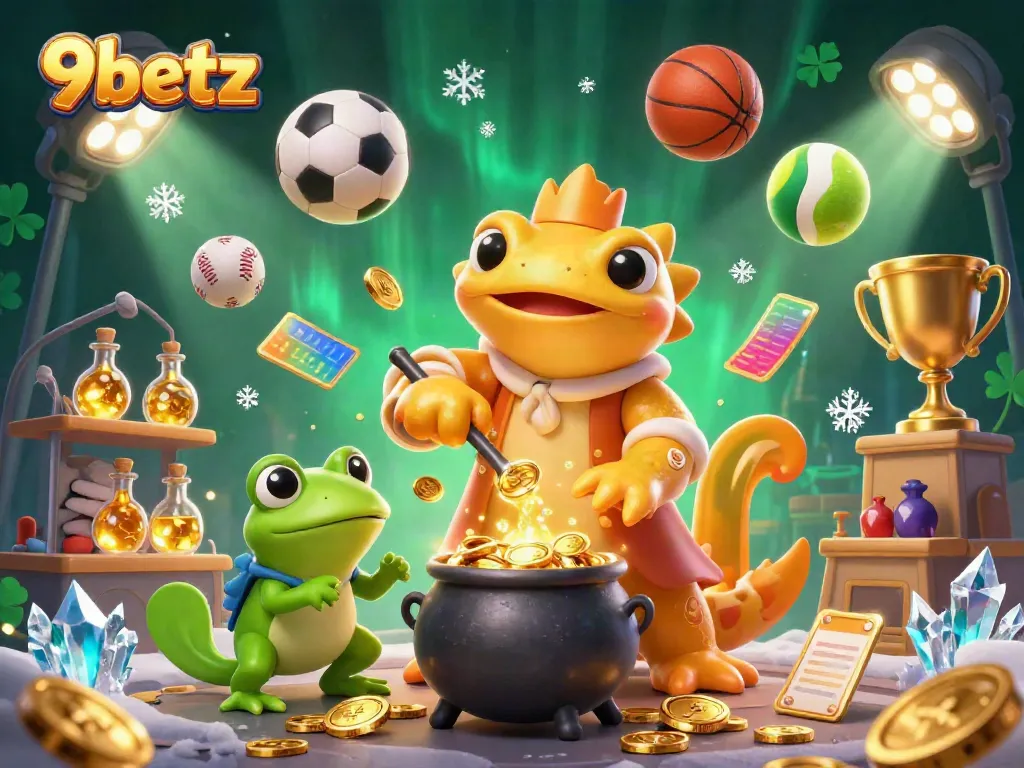 Bet with 9betz: Discover a vibrant 3D scene of a golden salamander transforming metals into coins.