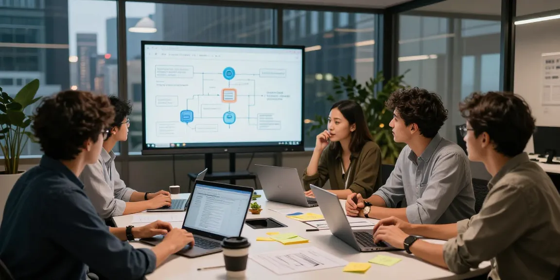 Build internal tools with AI, team brainstorming in a modern workspace with flowcharts and laptops.