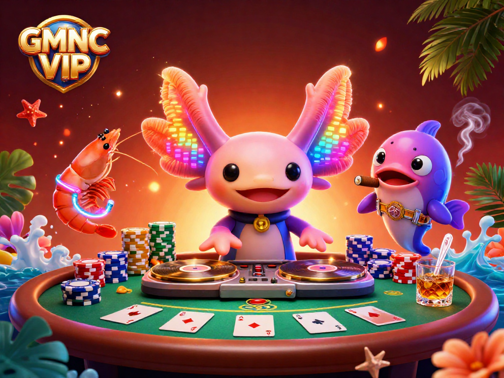 Experience vibrant casino excitement with GMNC VIP showcasing a neon-themed underwater party at a poker table.