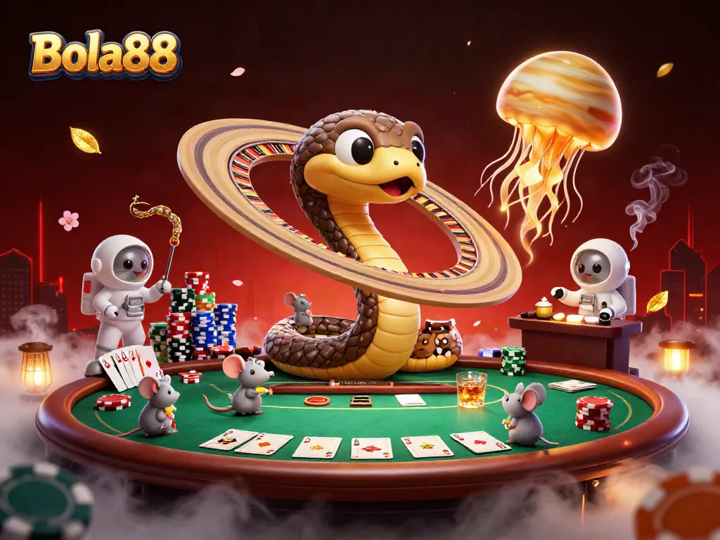 Bola88 players engage with a cosmic roulette wheel while betting on Saturn's rings in a vibrant casino scene.