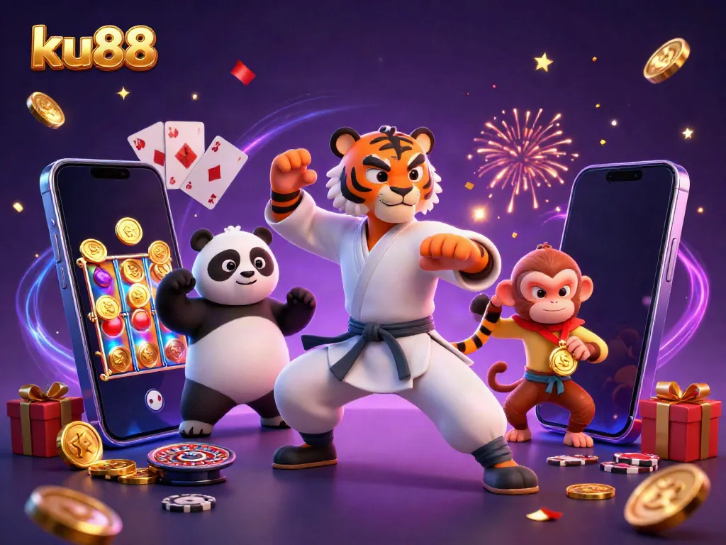 Engaging illustration of ku88 featuring a kung fu tiger master, panda, and mischievous monkey surrounded by vibrant casino symbols