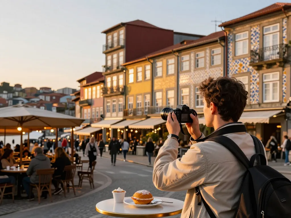 Reisetipps Porto: Reisender genießt lokale Köstlichkeiten beim Erkunden der lebhaften Straßen während des Sonnenuntergangs