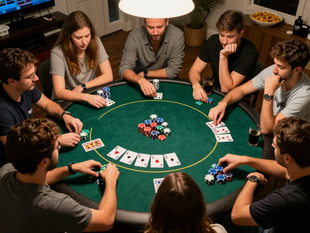 Exciting poker gameplay with friends at home featuring competitive strategies and emotional moments, showcase at https://dn88s.net/ for online poker.
