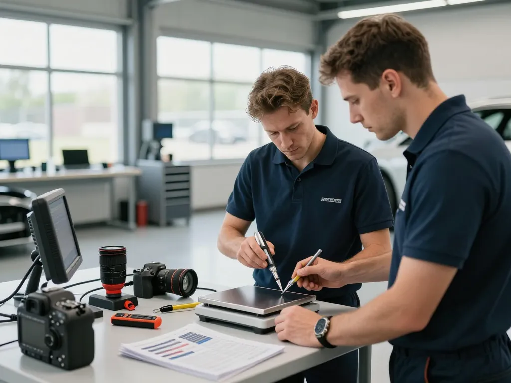 Experte KFZ Gutachter inspiziert ein Fahrzeug in einer modernen Garage mit detaillierten Werkzeugen und Diagnosetechnik.